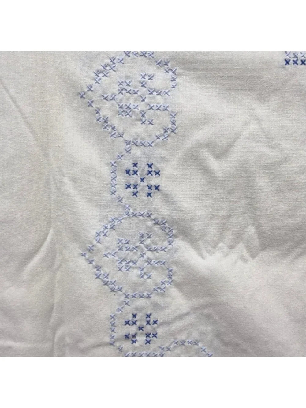 Vintage Hand Embroidered White Tablecloth Blue Cross-Stitch Heart Floral Cotton